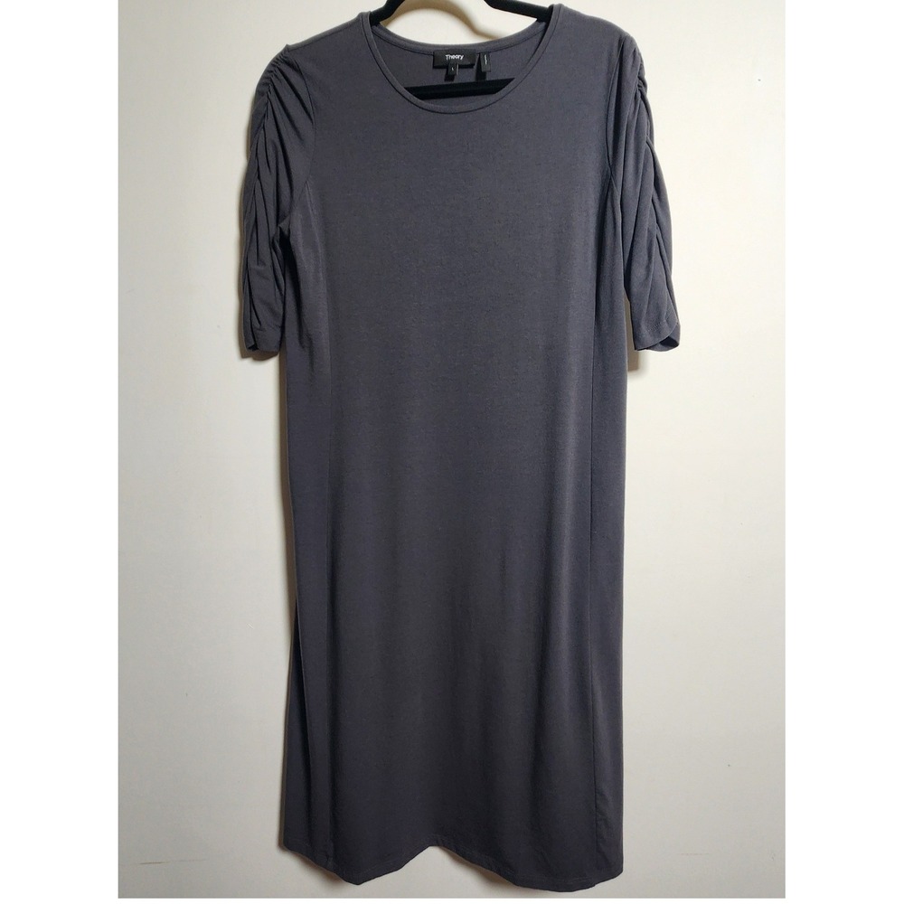 Theory‎ Charcoal Gray Ruched Gathered Sleeve Crew Neck Shift T-Shirt Dress Lrg